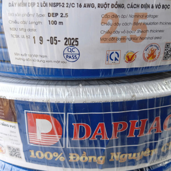 Dây điện đôi mềm DAPHACO 2x1.5mm, 2x2,5mm cuộn dài 100 mét